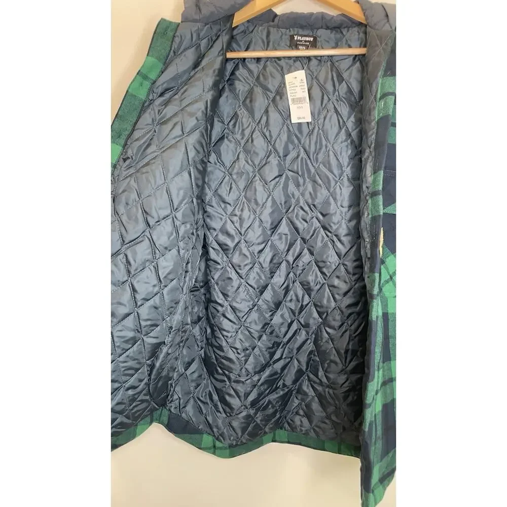 NWT Playboy x Pacsun Mens Plaid Jacket Hoodie Coat Logo Quilted Blue Green XS/S - Picture 8 of 10